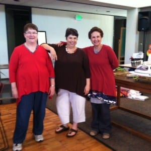 Katherine, Jane and Ronit modeling their test tunics with mixed fabrics.