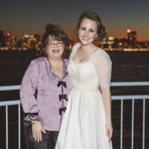 Here I am with Erin at her wedding celebration wearing a Rain or Shine Variation top. Erin is in the silk taffetta dress I made for her