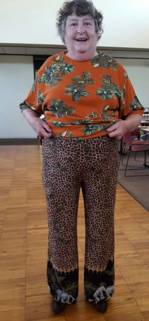 Kathy in her wonderful elephant print pants.